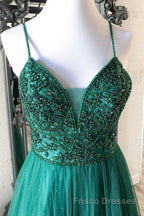 Shiny V Neck Backless Beaded Green Tulle Long Formal Prom Dresses, Green Lace Formal Dresses, Beaded Evening Dresses