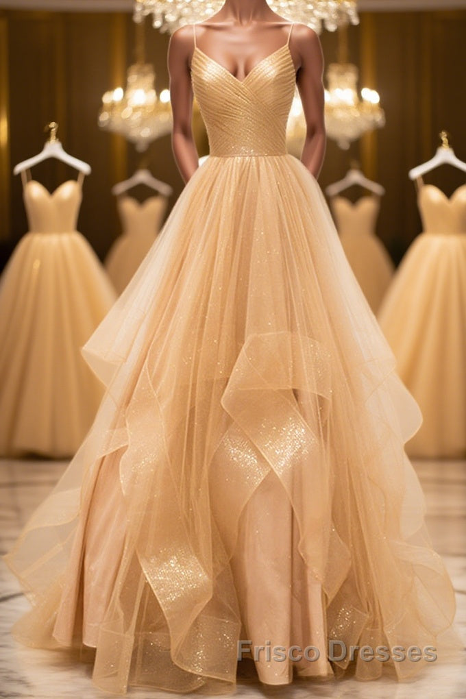 Shiny V Neck Backless Golden Long Formal Prom Dresses, Backless Golden Formal Dresses, Golden Evening Dresses Main image