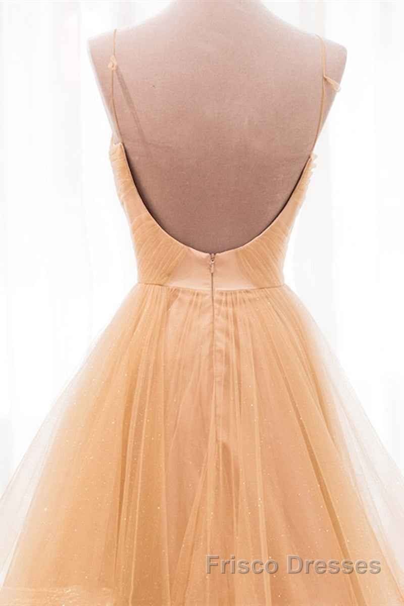 Shiny V Neck Backless Golden Long Formal Prom Dresses, Backless Golden Formal Dresses, Golden Evening Dresses