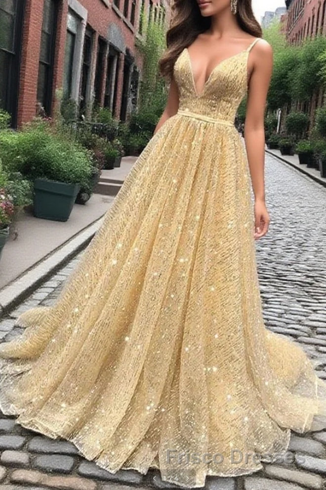Shiny V Neck Backless Long Golden Formal Prom Dresses, Sparkly Golden Formal Dresses, Golden Evening Dresses Main image
