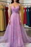 Shiny V Neck Backless Long Purple Formal Prom Dresses, Backless Lilac Formal Graduation Evening Dresses