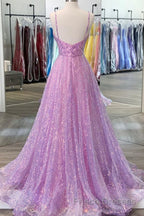 Shiny V Neck Backless Long Purple Formal Prom Dresses, Backless Lilac Formal Graduation Evening Dresses