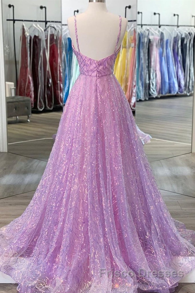 Shiny V Neck Backless Long Purple Formal Prom Dresses, Backless Lilac Formal Graduation Evening Dresses