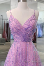 Shiny V Neck Backless Long Purple Formal Prom Dresses, Backless Lilac Formal Graduation Evening Dresses