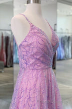 Shiny V Neck Backless Long Purple Formal Prom Dresses, Backless Lilac Formal Graduation Evening Dresses