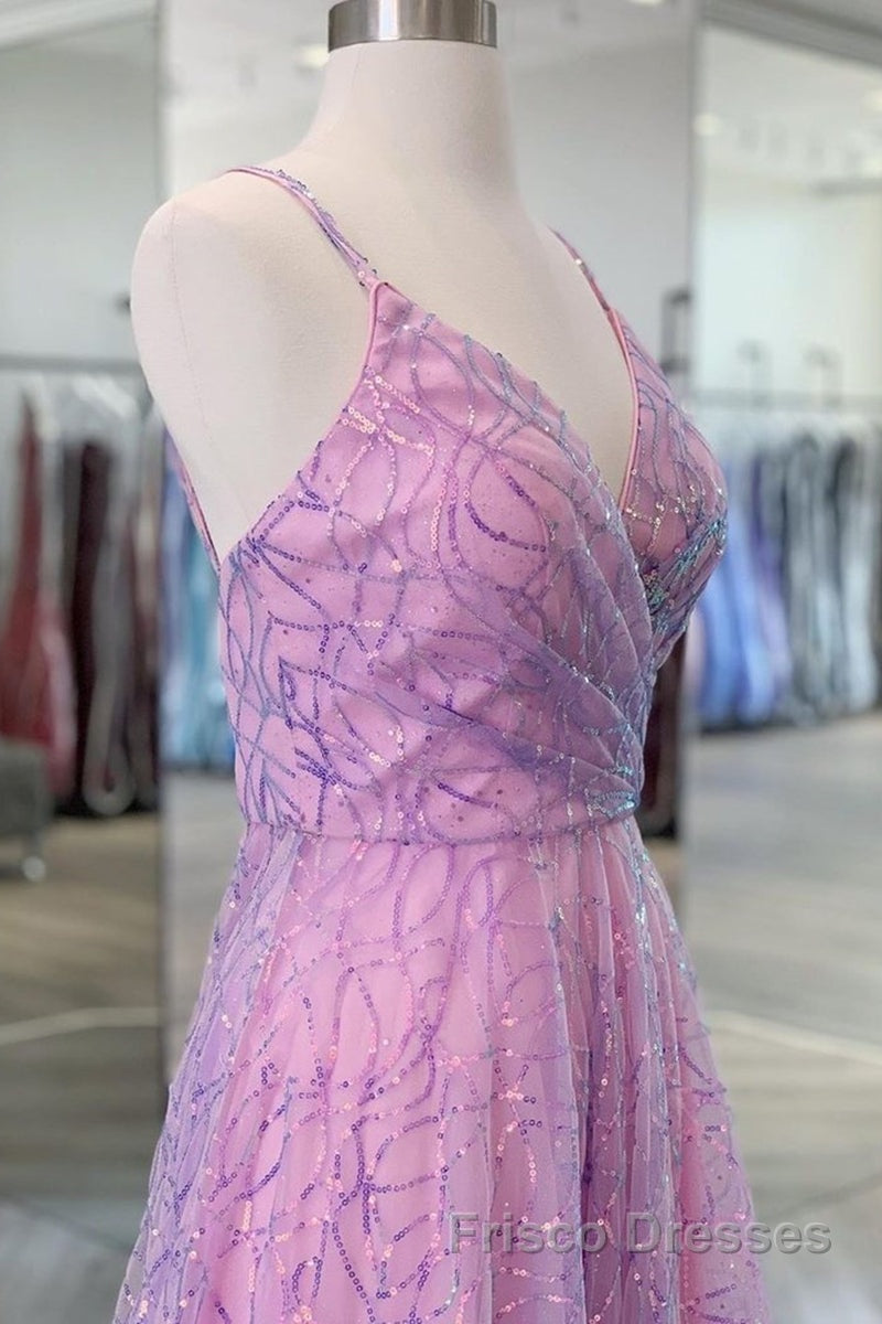Shiny V Neck Backless Long Purple Formal Prom Dresses, Backless Lilac Formal Graduation Evening Dresses