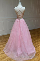 Shiny V Neck Backless Pink Long Formal Prom Dresses, Backless Pink Formal Graduation Evening Dresses