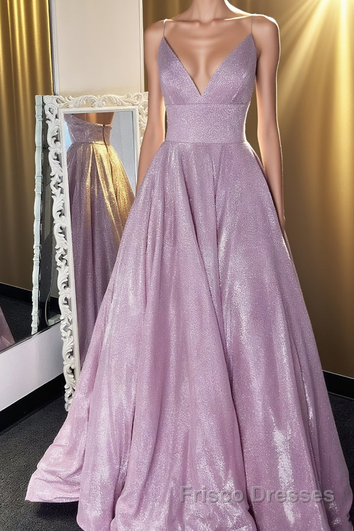 Shiny V Neck Backless Purple Long Formal Prom Dresses, Sparkly Backless Purple Formal Evening Dresses Main image