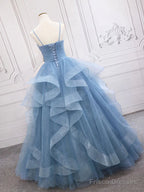Shiny V Neck Blue Long Prom Dresses, Shiny V Neck Blue Long Formal Graduation Dresses