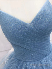 Shiny V Neck Blue Prom Dresses, Shiny V Neck Blue Formal Evening Dresses