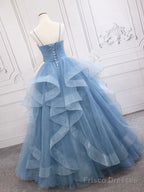 Shiny V Neck Blue Prom Dresses, Shiny V Neck Blue Formal Evening Dresses