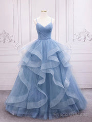 Shiny V Neck Blue Prom Dresses, Shiny V Neck Blue Formal Evening Dresses