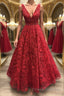 Shiny V Neck Burgundy Lace Long Formal Prom Dresses, Burgundy Lace Formal Dresses, Sparkly Burgundy Evening Dresses