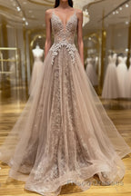 Shiny V Neck Champagne Lace Formal Prom Dresses, Champagne V Neck Lace Formal Graduation Evening Dresses