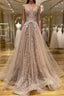 Shiny V Neck Champagne Lace Formal Prom Dresses, Champagne V Neck Lace Formal Graduation Evening Dresses