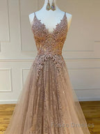 Shiny V Neck Champagne Lace Formal Prom Dresses, Champagne V Neck Lace Formal Graduation Evening Dresses