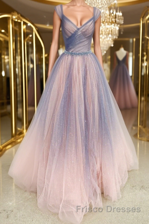 Shiny V Neck Colorful Champagne Long Formal Prom Dresses, Champagne Formal Evening Dresses