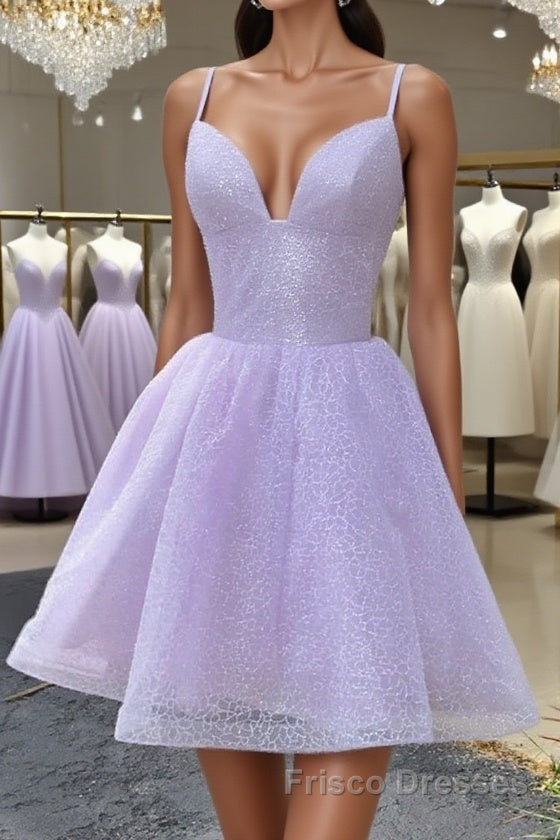 Shiny V Neck Lilac Short Formal Prom Dresses, Lilac Homecoming Dresses Main image