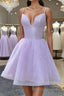 Shiny V Neck Lilac Short Formal Prom Dresses, Lilac Homecoming Dresses