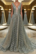 Shiny V Neck Open Back Champagne Long Formal Prom Dresses, Champagne Formal Graduation Evening Dresses