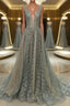 Shiny V Neck Open Back Champagne Long Formal Prom Dresses, Champagne Formal Graduation Evening Dresses