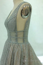 Shiny V Neck Open Back Champagne Long Formal Prom Dresses, Champagne Formal Graduation Evening Dresses