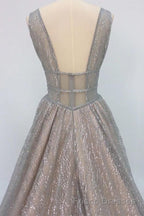 Shiny V Neck Open Back Champagne Long Formal Prom Dresses, Champagne Formal Graduation Evening Dresses
