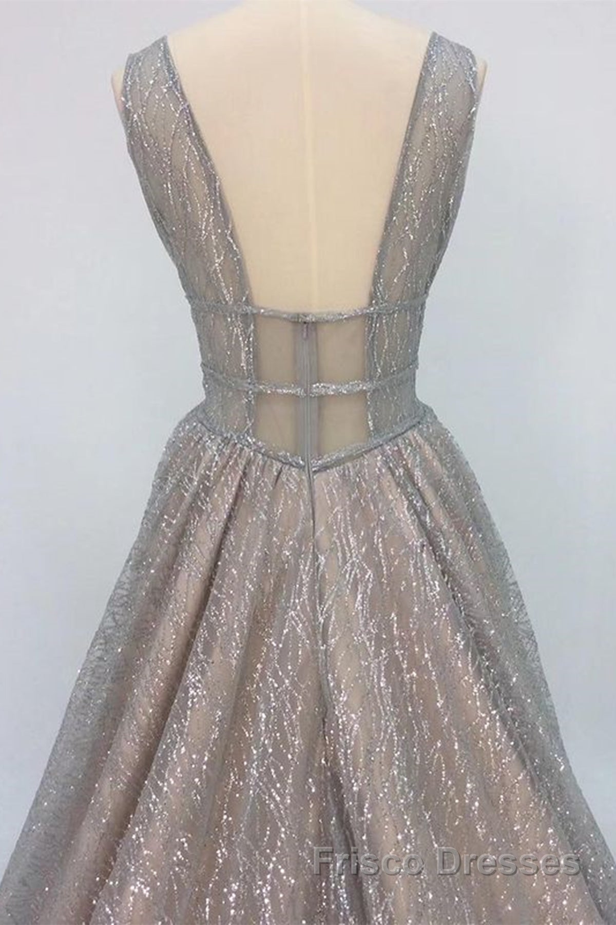 Shiny V Neck Open Back Champagne Long Formal Prom Dresses, Champagne Formal Graduation Evening Dresses