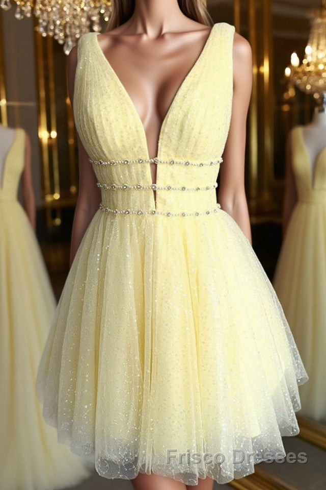 Shiny V Neck Open Back Yellow Tulle Short Formal Prom Dresses, V Neck Yellow Formal Graduation Homecoming Dresses Main image
