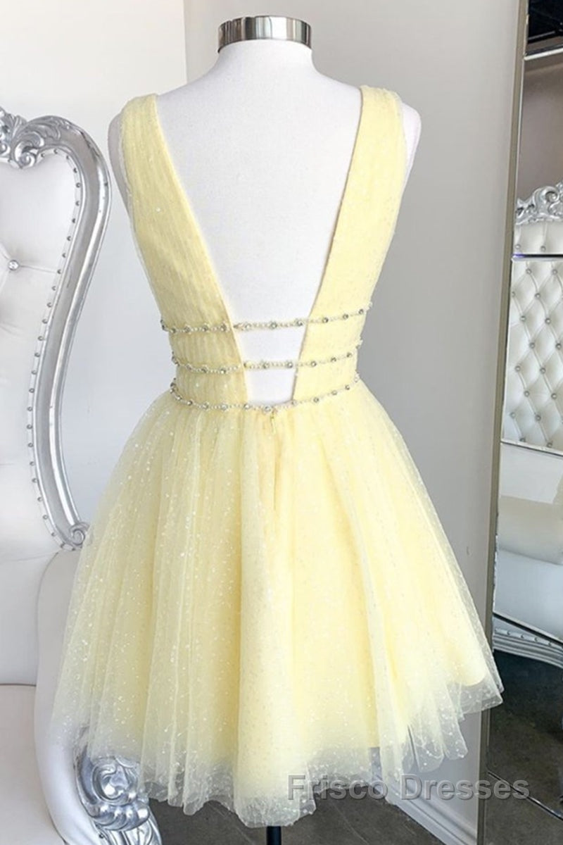 Shiny V Neck Open Back Yellow Tulle Short Formal Prom Dresses, V Neck Yellow Formal Graduation Homecoming Dresses Secondary image