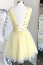 Shiny V Neck Open Back Yellow Tulle Short Formal Prom Dresses, V Neck Yellow Formal Graduation Homecoming Dresses