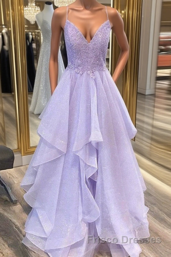 Shiny V Neck Purple Lace Long Formal Prom Dresses, Purple Lace Formal Evening Dresses, Purple Ball Gown Main image