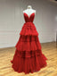 Shiny V Neck Red High Low Prom Dresses, V Neck High Low Red Formal Evening Dresses
