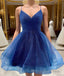 Shiny V Neck Short Blue Green White Formal Prom Dress, Shiny Short V Neck Formal Prom Homecoming Dress