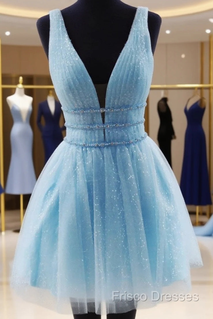 Shiny V Neck Short Blue/Yellow Formal Prom Dressses, Short Blue/Yellow V Neck Fomal Homecoming Graduation Dress