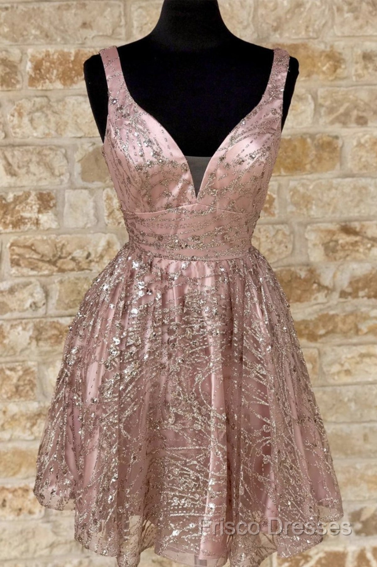 Shiny V Neck Short Champagne Formal Prom Dress, Short V Neck Champagne Graduation Formal Dress Secondary image