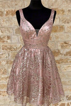 Shiny V Neck Short Champagne Formal Prom Dress, Short V Neck Champagne Graduation Formal Dress
