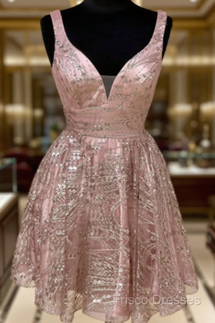 Shiny V Neck Short Champagne Formal Prom Dress, Short V Neck Champagne Graduation Formal Dress Main image