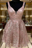Shiny V Neck Short Champagne Formal Prom Dress, Short V Neck Champagne Graduation Formal Dress