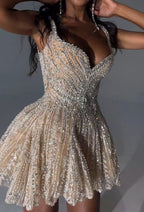 Shiny White Strappy V-Neck Beaded A-Line 17Th Birthday Homecoming Dress