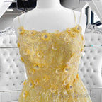 Shiny Yellow Lace Floral Formal Prom Dresses, Shiny Yellow Lace Floral Formal Evening Dresses