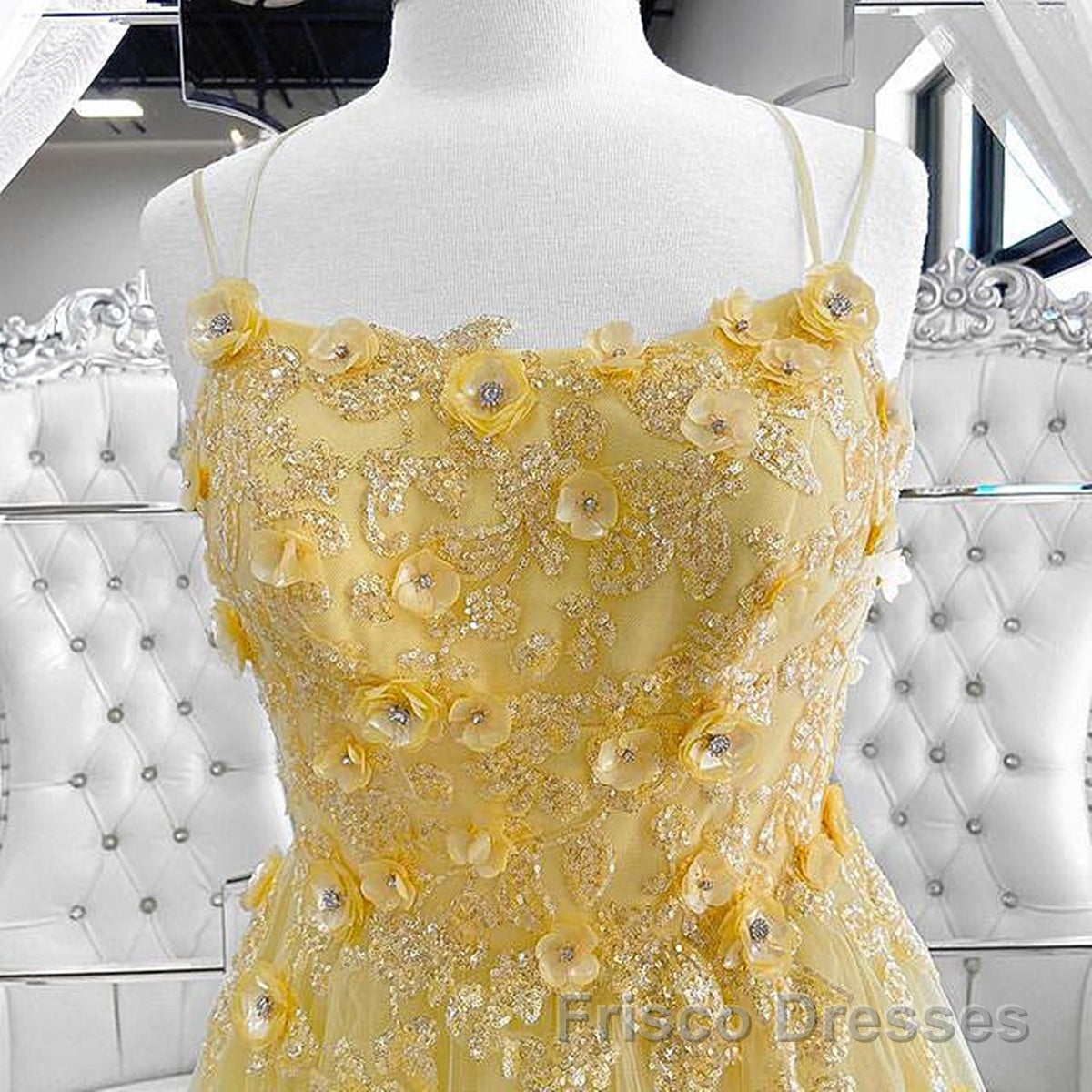 Shiny Yellow Lace Floral Formal Prom Dresses, Shiny Yellow Lace Floral Formal Evening Dresses