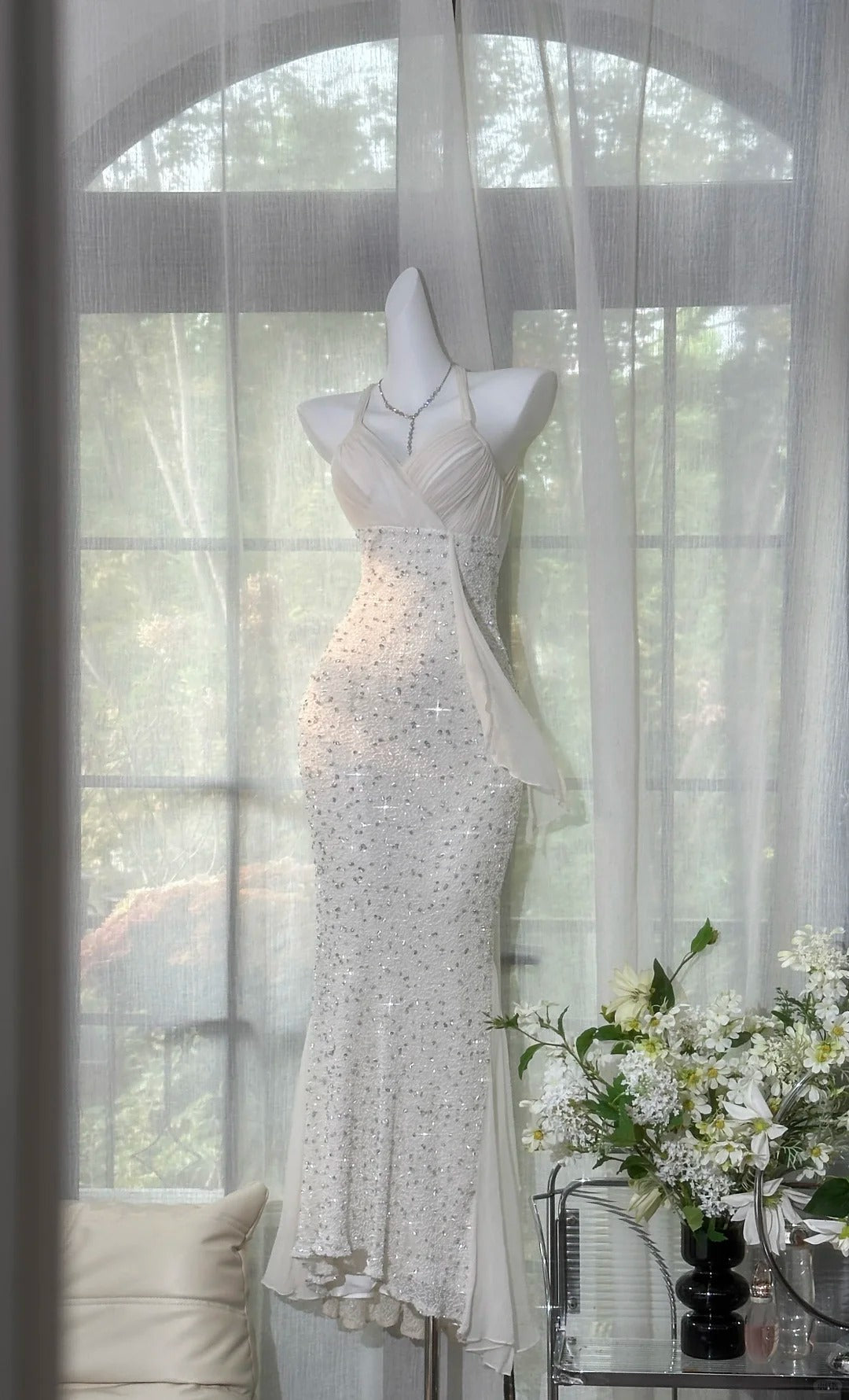 Shinying White Mermaid Strapless Lace-Up Back Sequin Chiffon Long Prom Dress Evening Dress