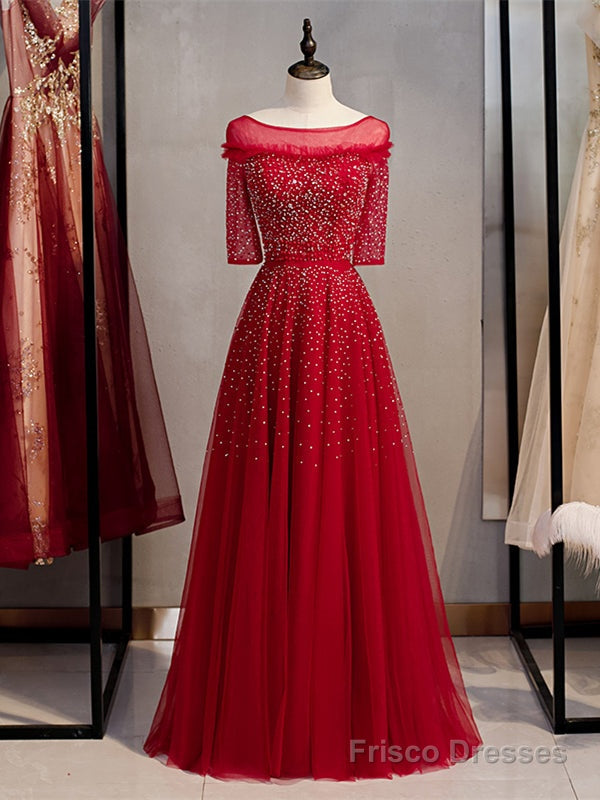 Shop Beautiful Scoop Beading Half Sleeves Red Sheer Tulle Sequin Prom Dress Under 148 Main image