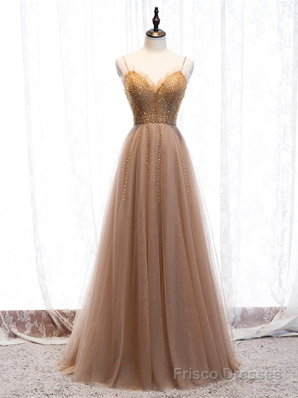 Shop Champagne Tulle Beading Spaghetti Straps Floor Length Prom Dress Main image