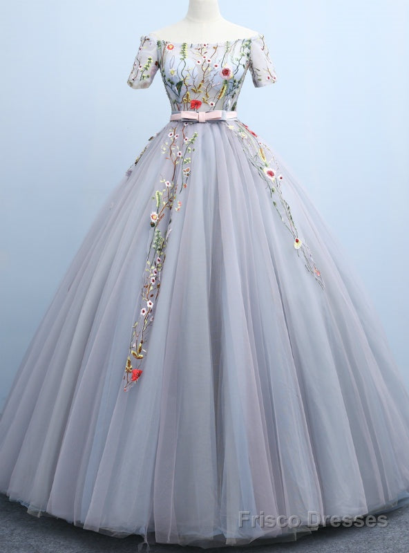 Shop Designer Gray Ball Gown Tulle Off the Shoulder Short Sleeve Embroidery