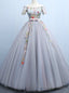 Shop Designer Gray Ball Gown Tulle Off the Shoulder Short Sleeve Embroidery