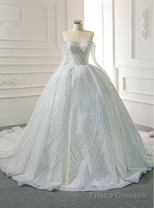 Shop Designer White Ball Gown Heavy Work Long Sleeve Tulle Sequins Wedding Dress Main image