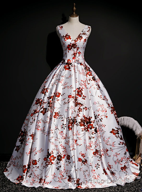 Shop For Cute White Ball Gown Satin V-neck Print Quinceanera Dress With Bow Main image