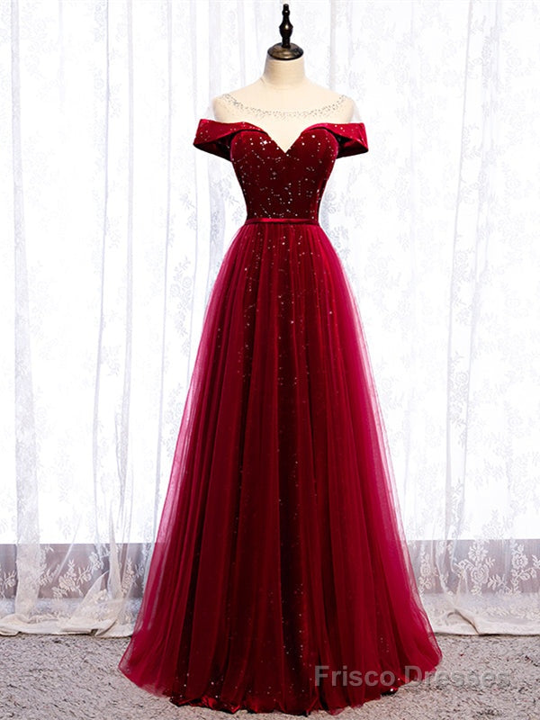 Shop Scoop Cap Sleeves See Through Sequin Tulle Burgundy Prom Dress Under 119 Main image